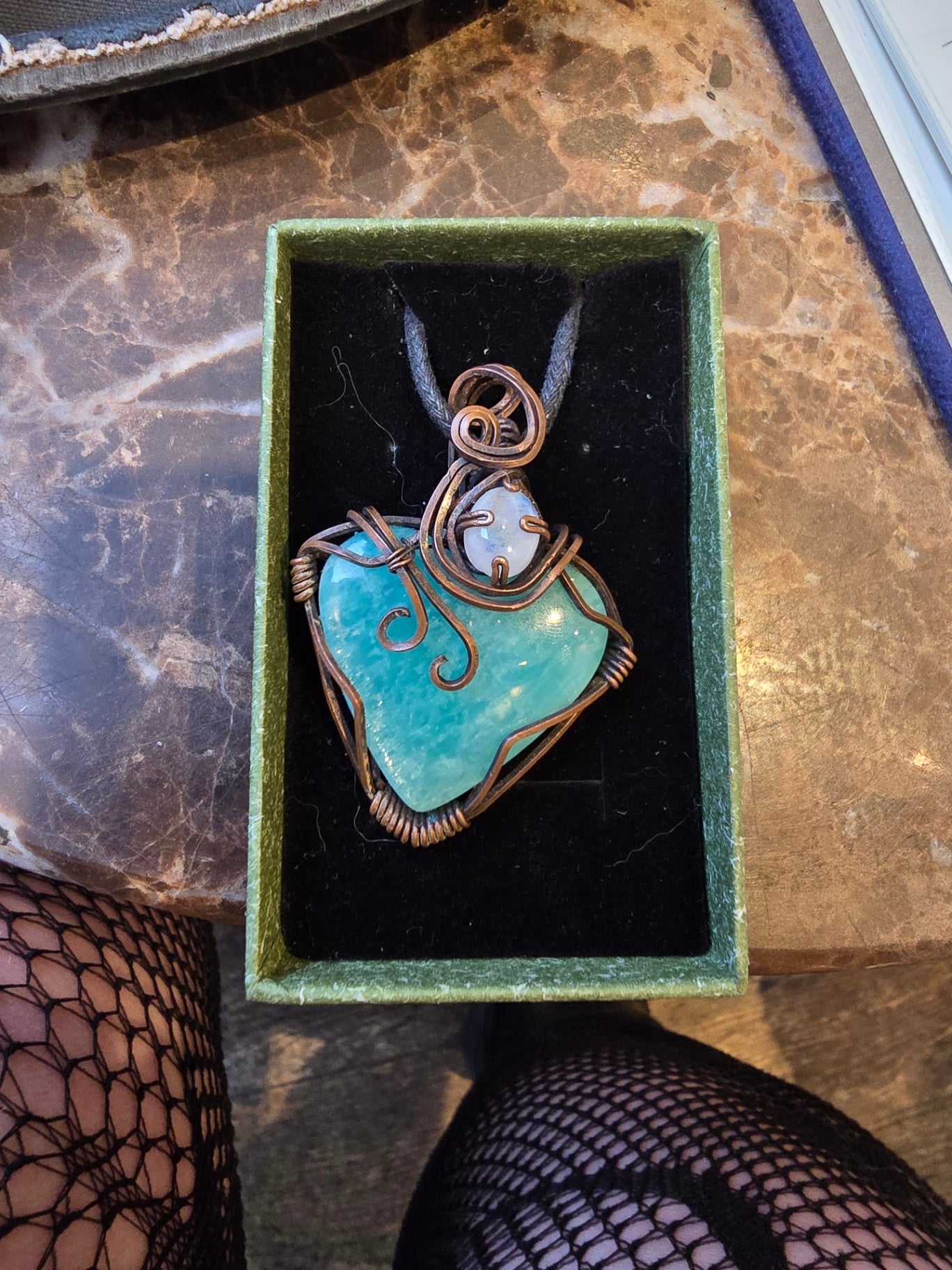 Amazonite heart and moonstone pendant